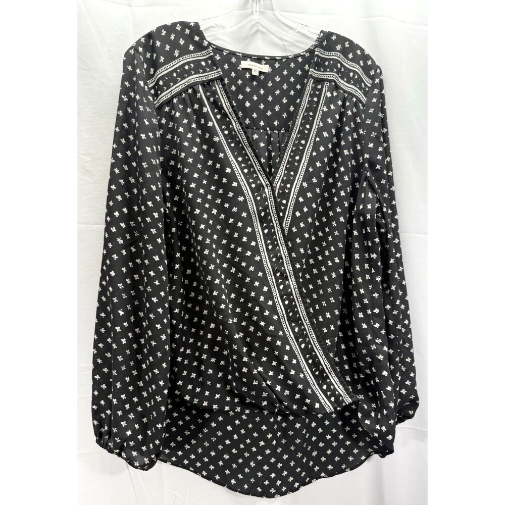Max Studio Womens Blouse Black/White Faux Wrap High Low Hem Semi-Sheer Sz XL